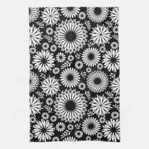 Blommönstret Boho-blommor, svart och vitt Kökshandduk