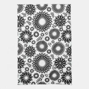 Blommönstret Boho-blommor, svart och vitt Kökshandduk