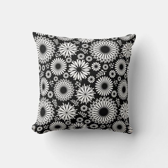 Blommönstret Boho-blommor, svart och vitt Kudde (Framsida)
