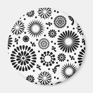 Blommönstret Boho-blommor, svart och vitt Magnet