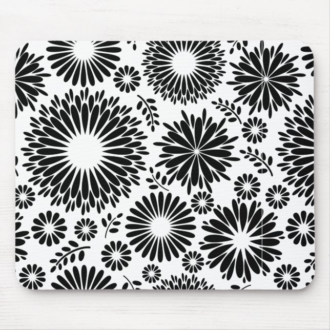 Blommönstret Boho-blommor, svart och vitt Musmatta (Framsidan)
