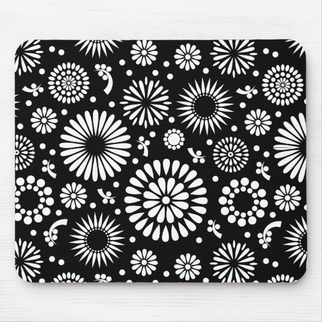 Blommönstret Boho-blommor, svart och vitt Musmatta (Framsidan)