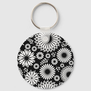 Blommönstret Boho-blommor, svart och vitt Nyckelring