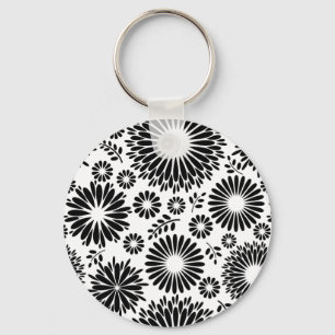 Blommönstret Boho-blommor, svart och vitt Nyckelring