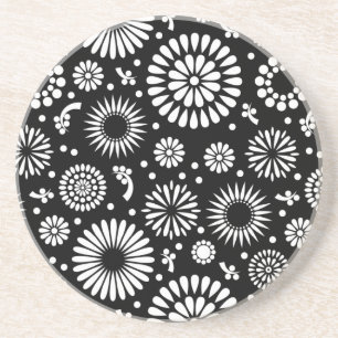 Blommönstret Boho-blommor, svart och vitt Underlägg Sandsten