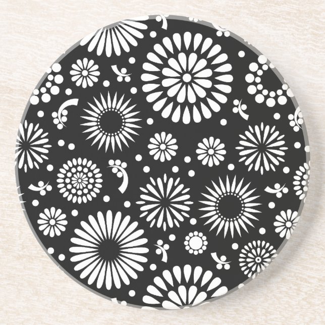 Blommönstret Boho-blommor, svart och vitt Underlägg Sandsten (Framsidan)