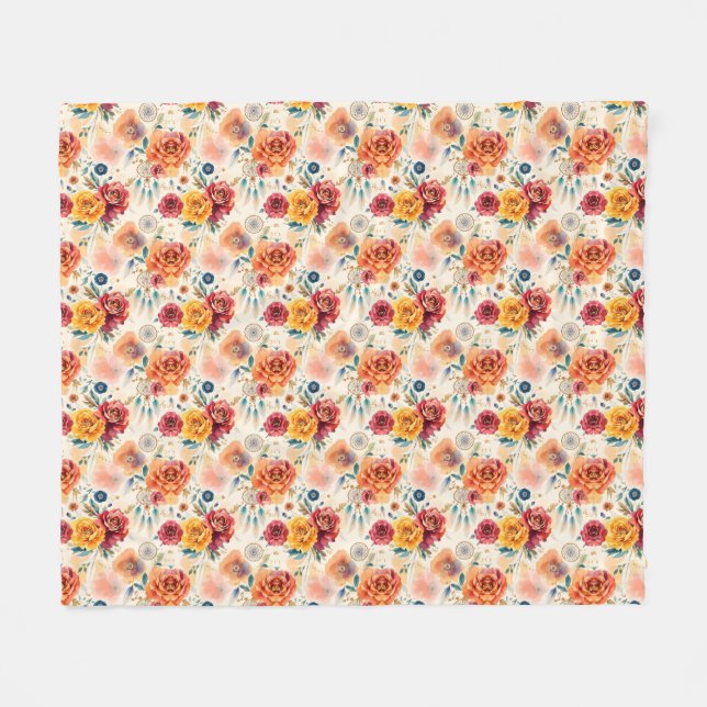 Blommönstret Boho vintage ro och fjädrar Fleecefilt (Framsidan (Horisontell))