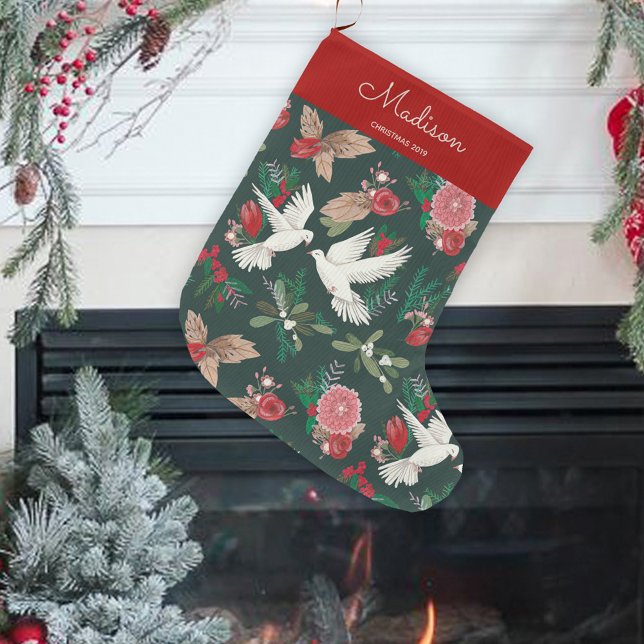 Blommönstret Botaniska Gröntar och rödfågelduvor Stor Julstrumpa (Botanical Green & Red Birds Doves floral pattern Large Christmas Stocking)