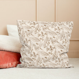 Blommönstret Botaniskt Taupe Brown Ivory Löv Kudde