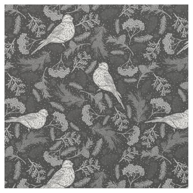Blommönstret Bright Black and Winter White Birds Tyg (Närbild)