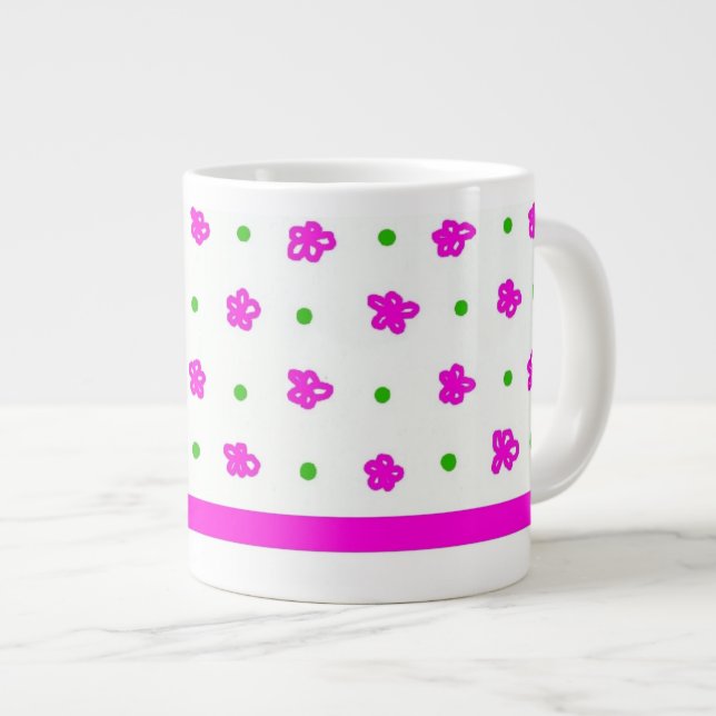 Blommönstret Bright Rosa, Grönt Polkas på White Jumbo Mugg (Framsida höger)