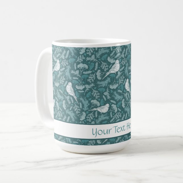 Blommönstret Bright Teal Grönt Winter White Bird Kaffemugg (Framsida vänster)