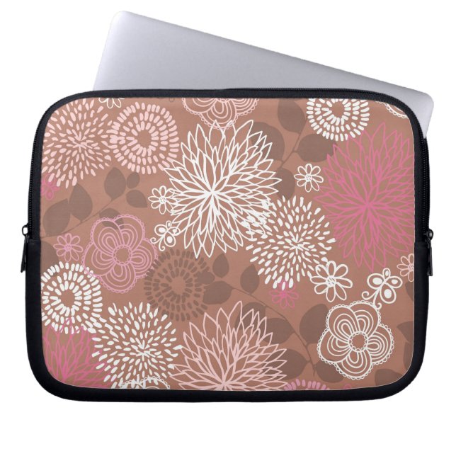 Blommönstret Brown och Rosa Laptop Sleeve (Framsidan)