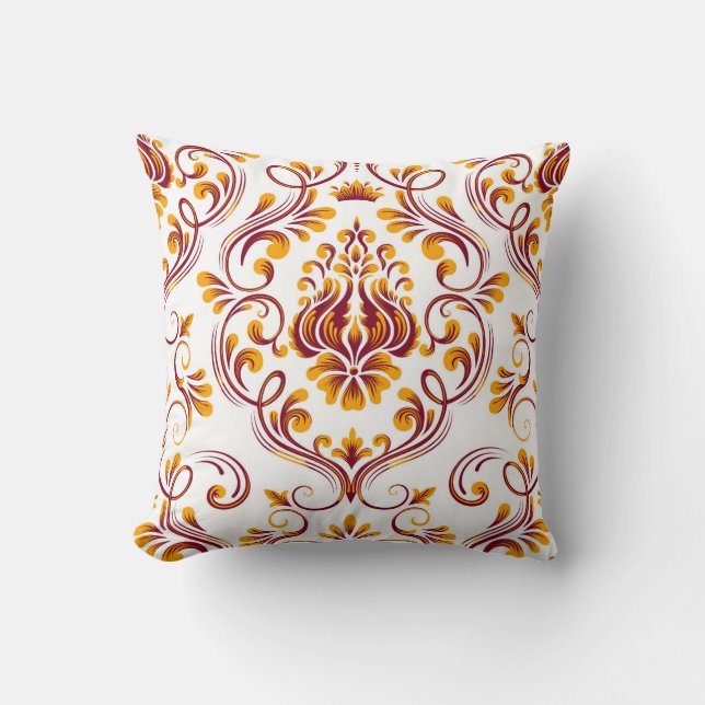 Blommönstret Burgundy Orange White Damask Kudde (Framsida)