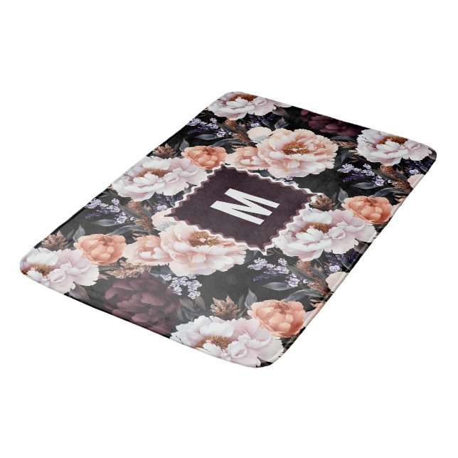 Blommönstret Burgundy Peonies | Monogram Badrumsmatta (Vinklad)