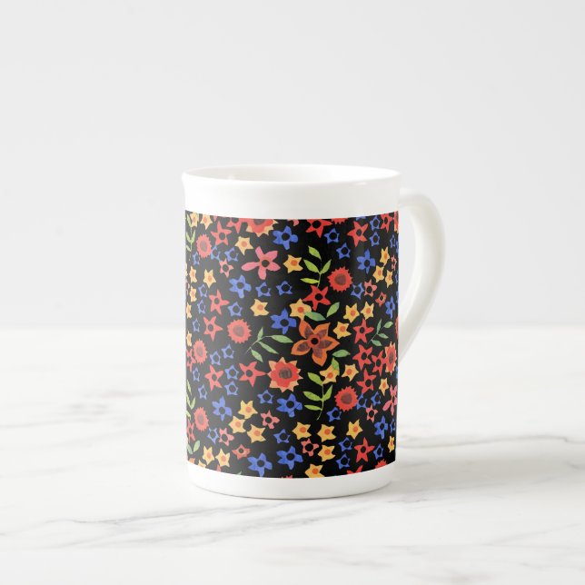 Blommönstret chic Retro på svart Benporslin Mugg (Framsida höger)