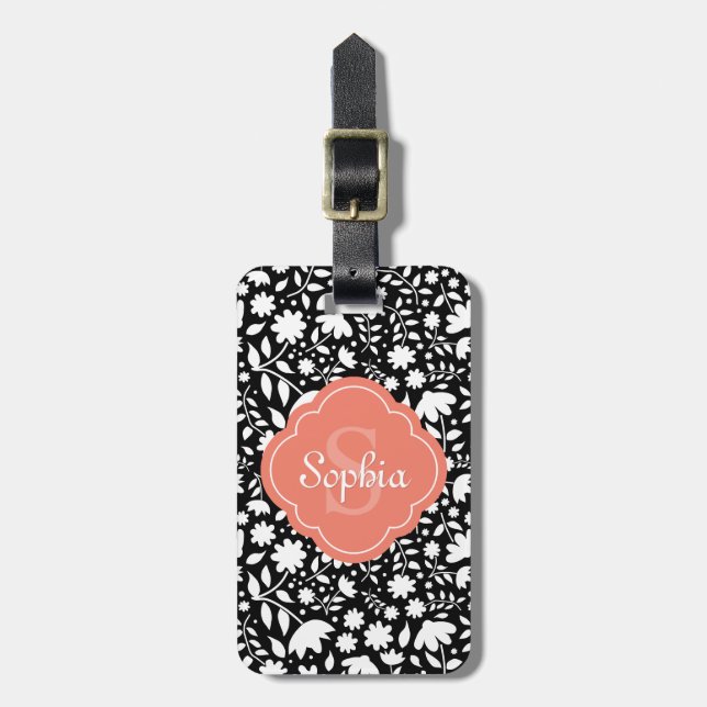 Blommönstret Coral Monogram Quatrefoil Black Bagagebricka (Vertikal Framsida)
