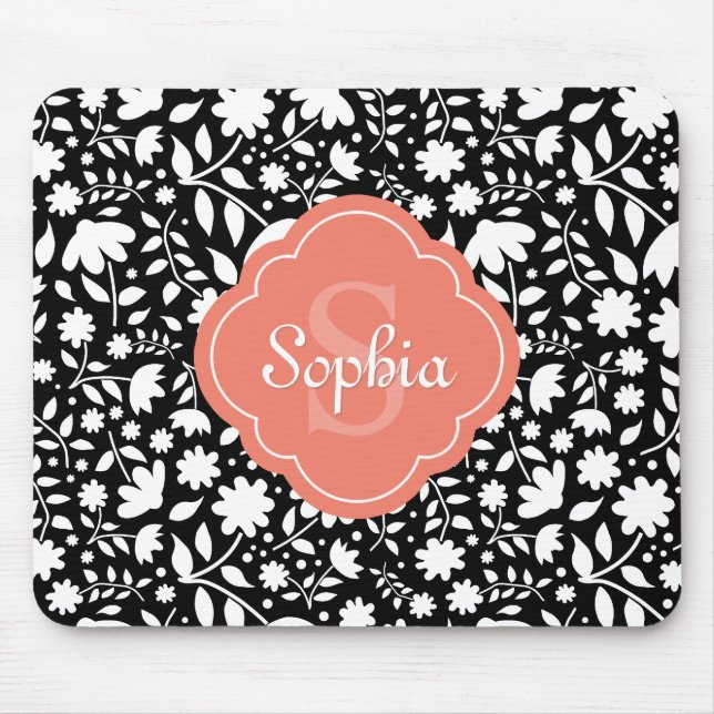 Blommönstret Coral Monogram Quatrefoil Black Musmatta (Framsidan)