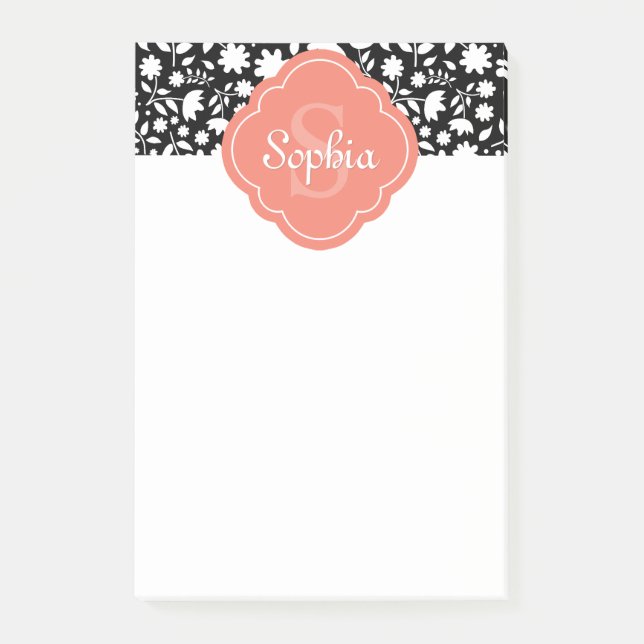 Blommönstret Coral Monogram Quatrefoil Black Post-it Block (Framsida)