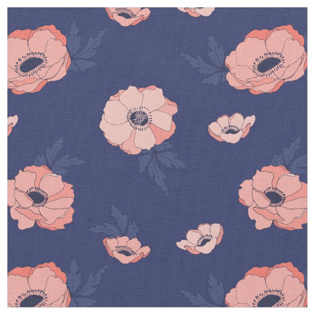 Blommönstret Coral och Navy Blue Tyg (Närbild)