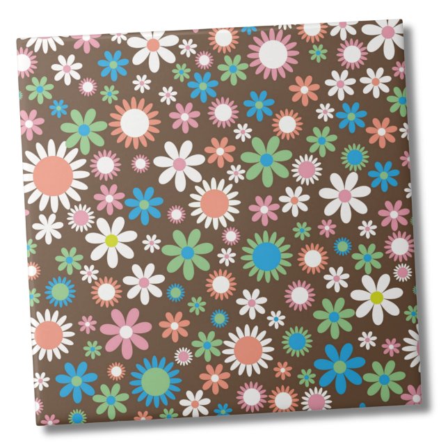 Blommönstret Cute Daisy Kakelplatta (Cute Groovy Brown Blue Green Retro Daisy Floral ceramic tile)
