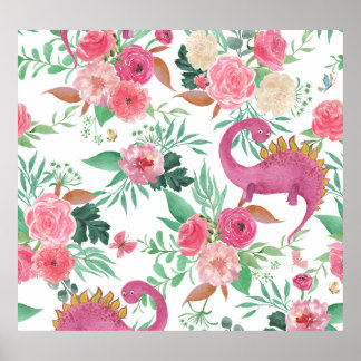 Blommönstret Cute Dinosaurs Vintage Poster
