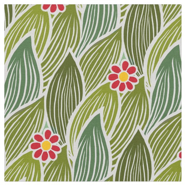 Blommönstret Cute Groovy Hippie Red Grönt Daisy Tyg (Närbild)