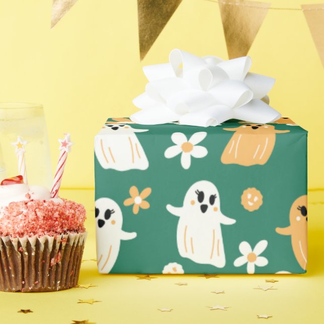 Blommönstret Cute Halloween Ghost Presentpapper (Födelsedagsfest)