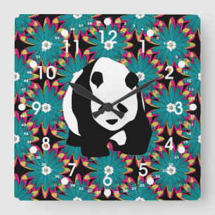 Blommönstret Cute Panda Bear Blue Rosa Flowers Fyrkantig Klocka