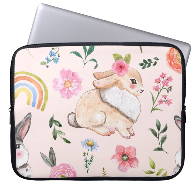 Blommönstret Cute Påsk-kaniner Laptop Fodral (Framsidan)