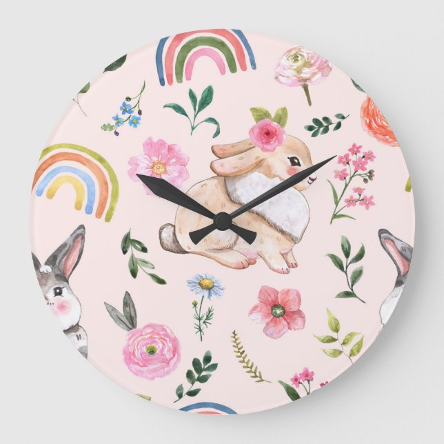Blommönstret Cute Påsk-kaniner Stor Klocka (Framsida)