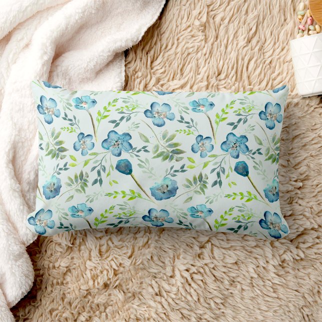 Blommönstret elegant blått Grönt vattenfärg Lumbarkudde (Elegant Boho Blue Green Watercolor Flowers Lumbar Pillow from Studio Posies. )