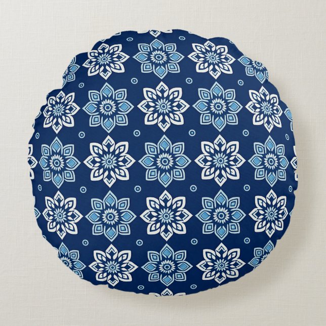 Blommönstret elegant Blue Mandala Rund Kudde (Framsidan)
