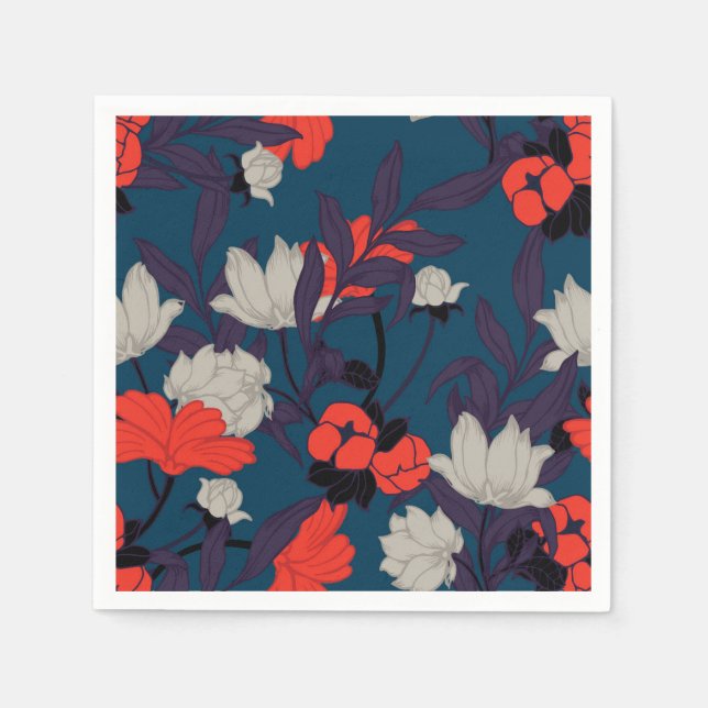 Blommönstret elegant Blue & Red Pappersservett (Framsidan)