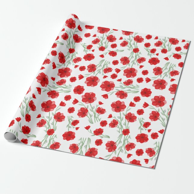 Blommönstret elegant Red Watercolor Poppy Presentpapper (Utrullad)