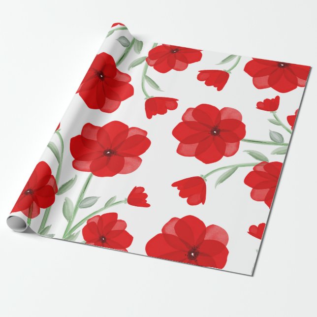 Blommönstret elegant Red Watercolor Poppy Presentpapper (Utrullad)