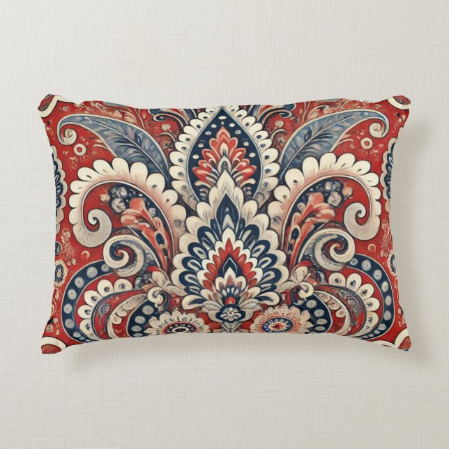 Blommönstret elegant Red, White & Blue Paisley Prydnadskudde (Framsidan)
