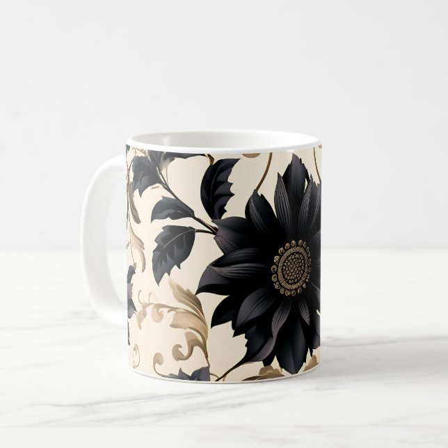 Blommönstret elegant svart kaffemugg (Framsida vänster)