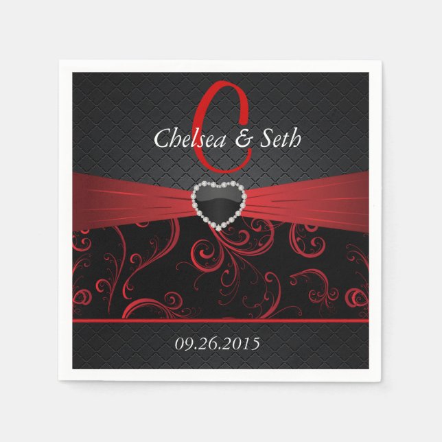 Blommönstret elegant, svart och djuprött pappersservett (Framsidan)