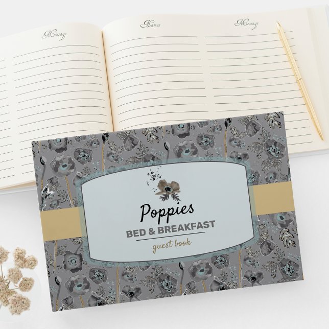 Blommönstret Filmvattenfärg Gästböcker (Poppies Gray Light Blue Watercolor Floral Pattern Guest  Book from Jenn Steffen Studio Posies
)