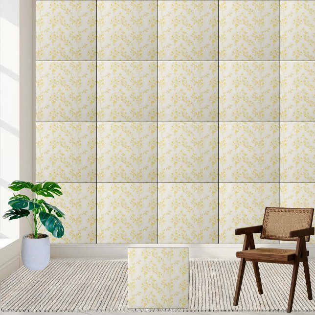 Blommönstret Fintvätt av Gulten Forsythia Kakelplatta (Delicate Yellow Forsythia Floral Pattern Ceramic Tile)