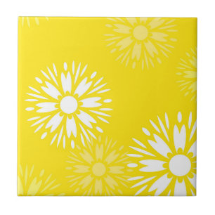 Blommönstret Flower Retro för Groovy Gult Daisy Kakelplatta