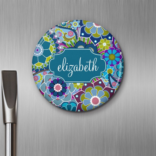 Blommönstret funky med eget namn magnet (Personalized Fridge Magnet - Add Custom Text)