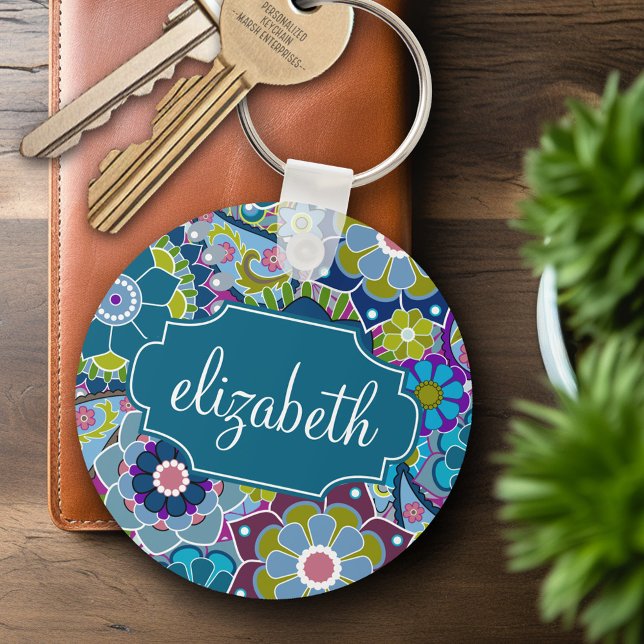 Blommönstret funky med eget namn nyckelring (Personalized Keychain - Add Name or Monogram)