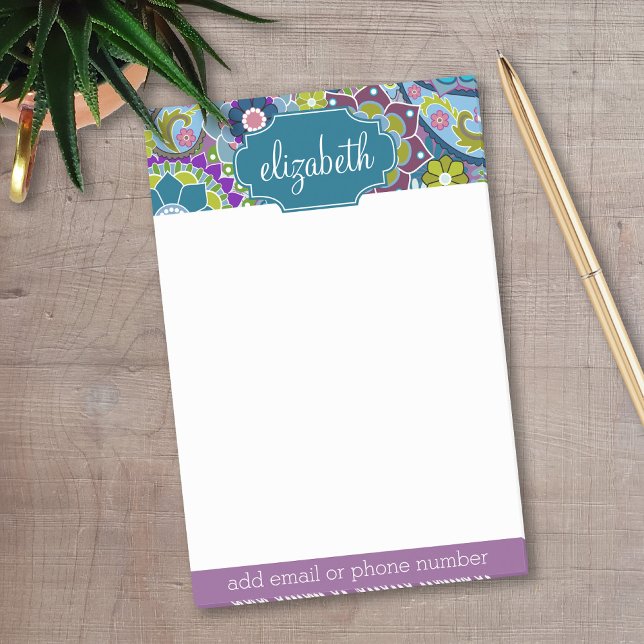 Blommönstret funky med eget namn post-it block (Personalized Post-It Notes - Add your name and contact information)