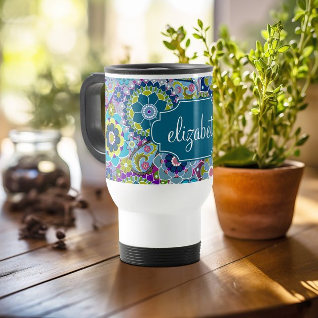 Blommönstret funky med eget namn resemugg (Personalized travel mug - add photos and text or customize completely)