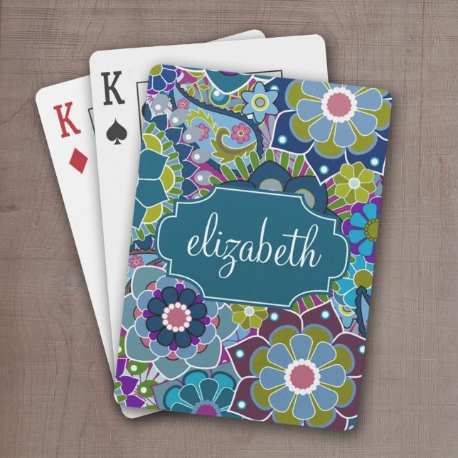 Blommönstret funky med eget namn spel kort (Funky floral playing cards with a place to personalize with name)