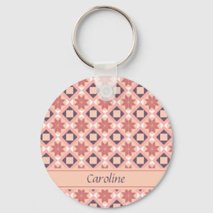 Blommönstret Geometric Moroccan Rosa Add Namn Nyckelring