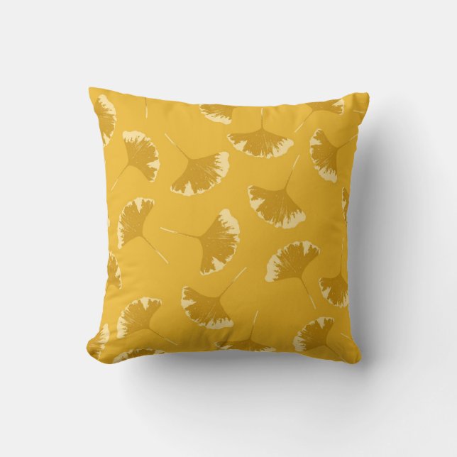 Blommönstret Ginkgo Löv på Gult Ochre Kudde (Framsida)