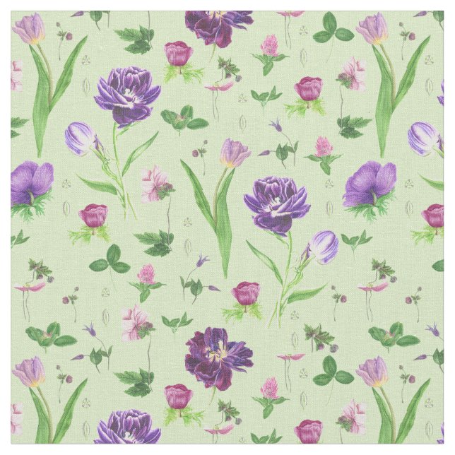 Blommönstret Girly Grönt Lila Tulips Tyg (Närbild)